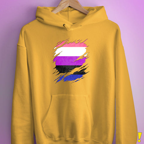 Genderfluid Pride Flag Ripped Reveal Hoodie - Mustard